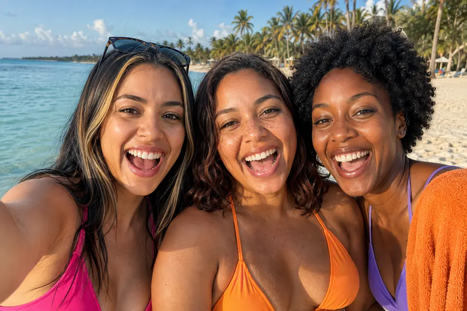Tres amigas riendo en la playa