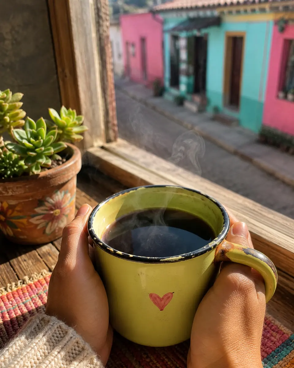 Una taza de café verde junto a una ventana que da a una calle de colores